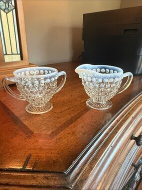 Vintage Moonstone Hobnail Creamer and Sugar Set